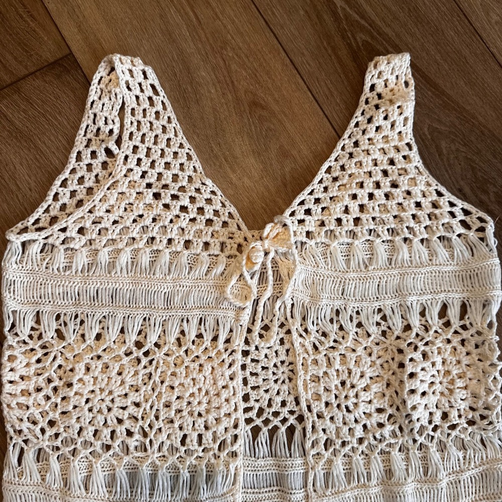 Cream Boho Crochet Fringe Vest Tie Front Open Knit Festival Cover Up 2XL - Picture 5 of 6